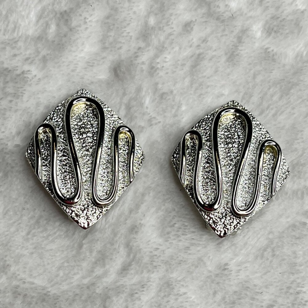 Vintage Sarah Cov Clip-On Earrings Silver-Tone Diamond Shape with Textured & Smo